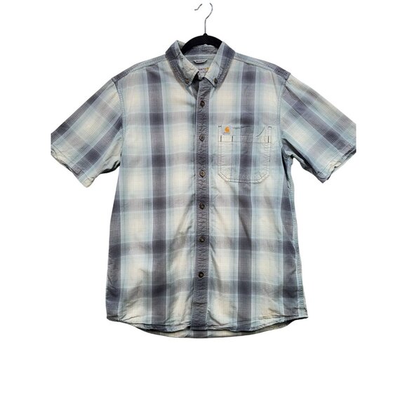 Carhartt Mens Button Down Shirt Size M Blue Plaid Relaxed Fit Pockets Casual - Picture 1 of 11
